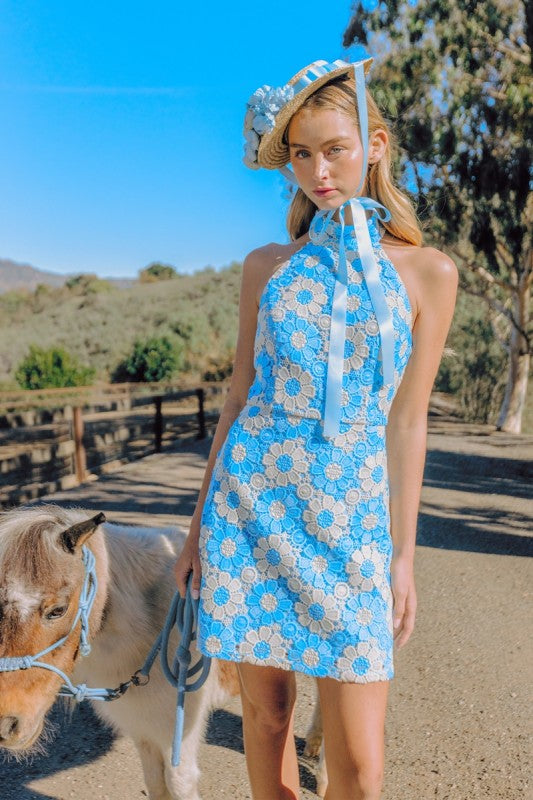 Blue Embroidered Bow Dress