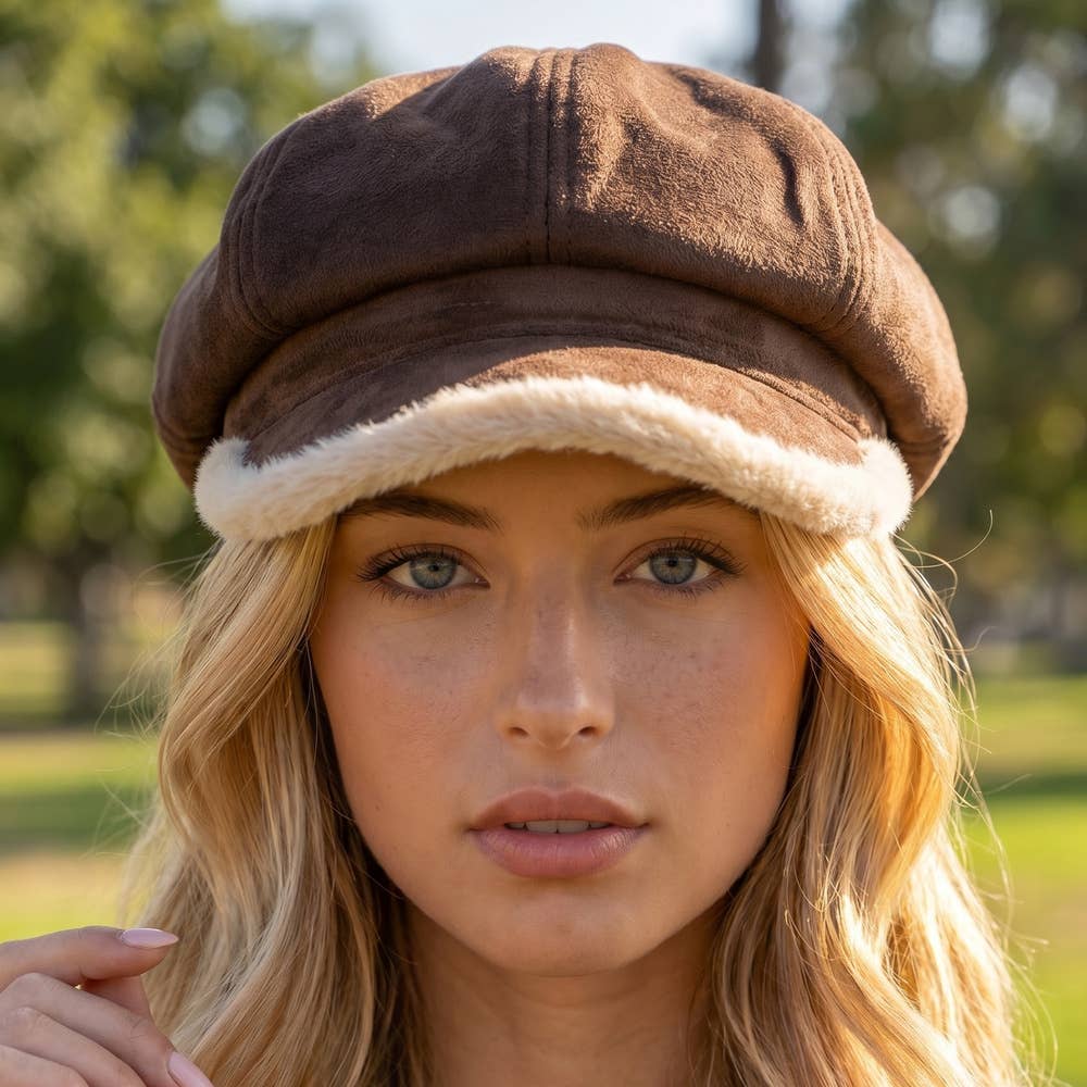 Plush Trim Vegan Suede Newsboy Hat