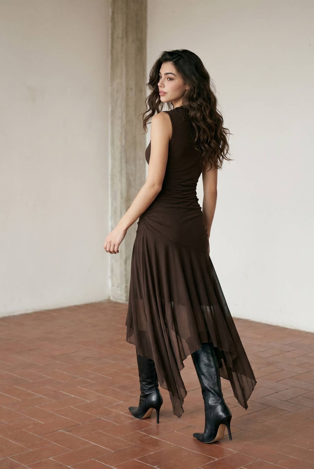 Draped High-Neck Mesh Maxi Dress with Asymmetric Flutter Hem