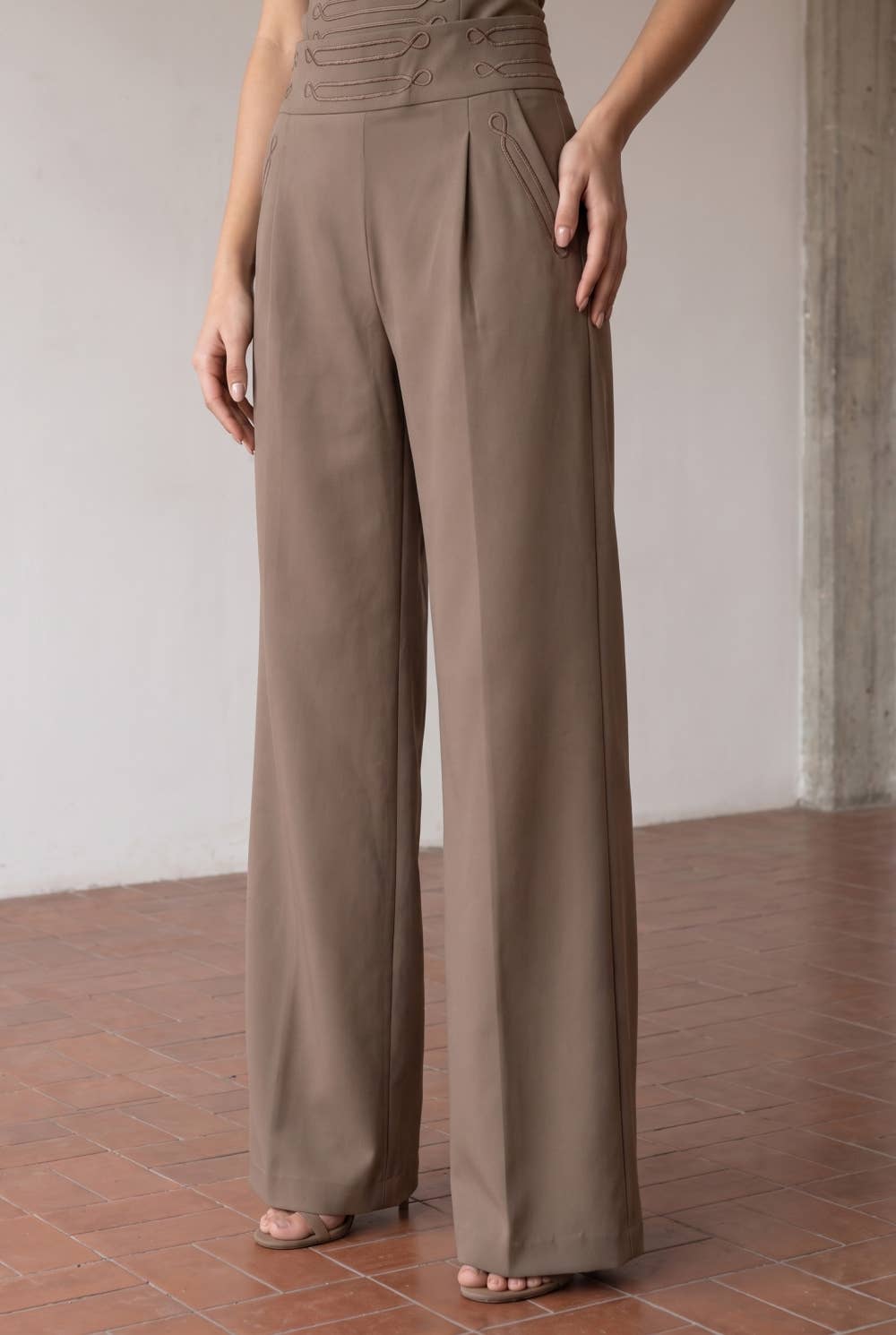 High-Waisted Wide Leg Trousers with Soutache Waistband