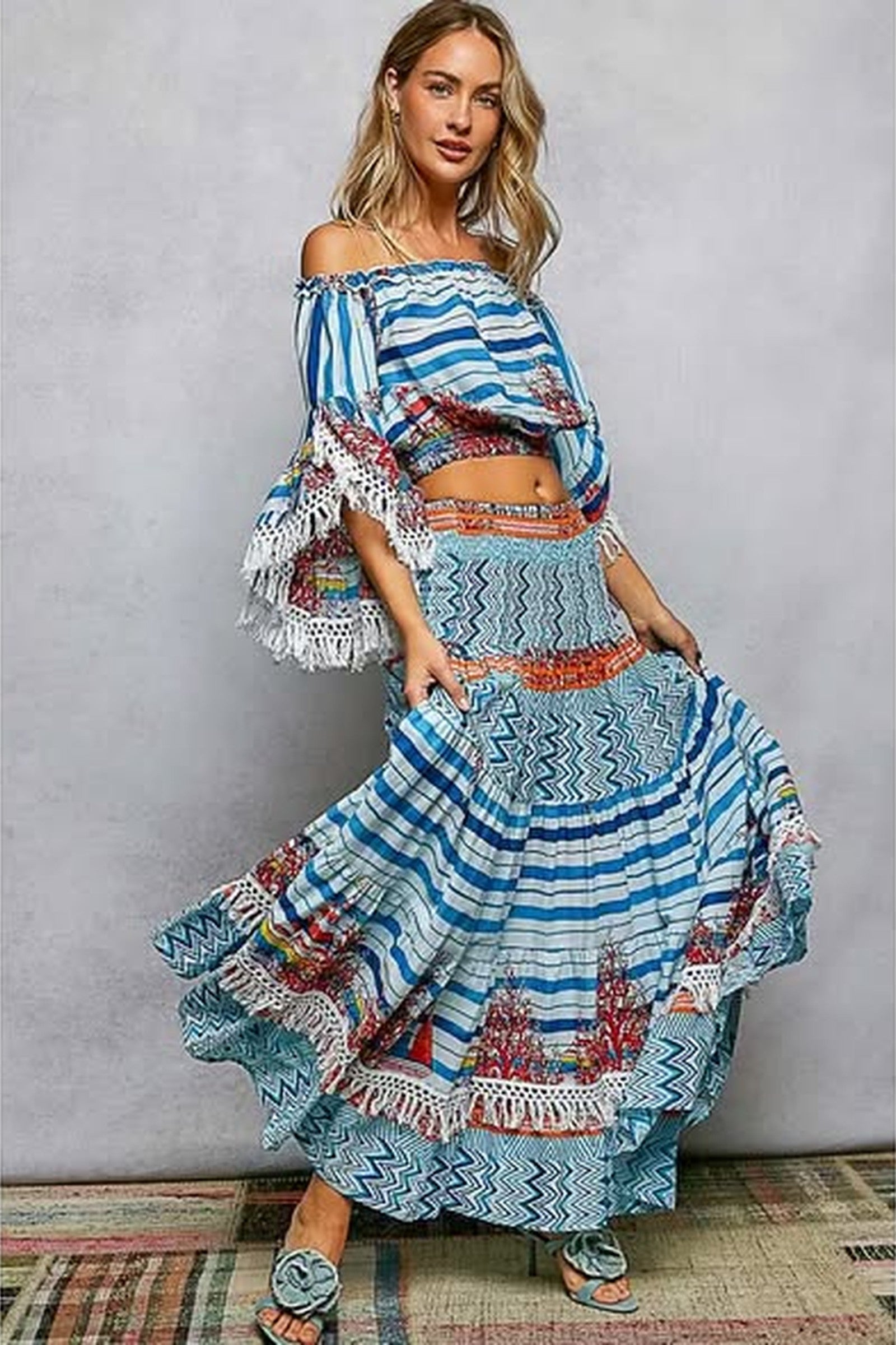 Fun Printed Off Shoulder Top and Skirt Set