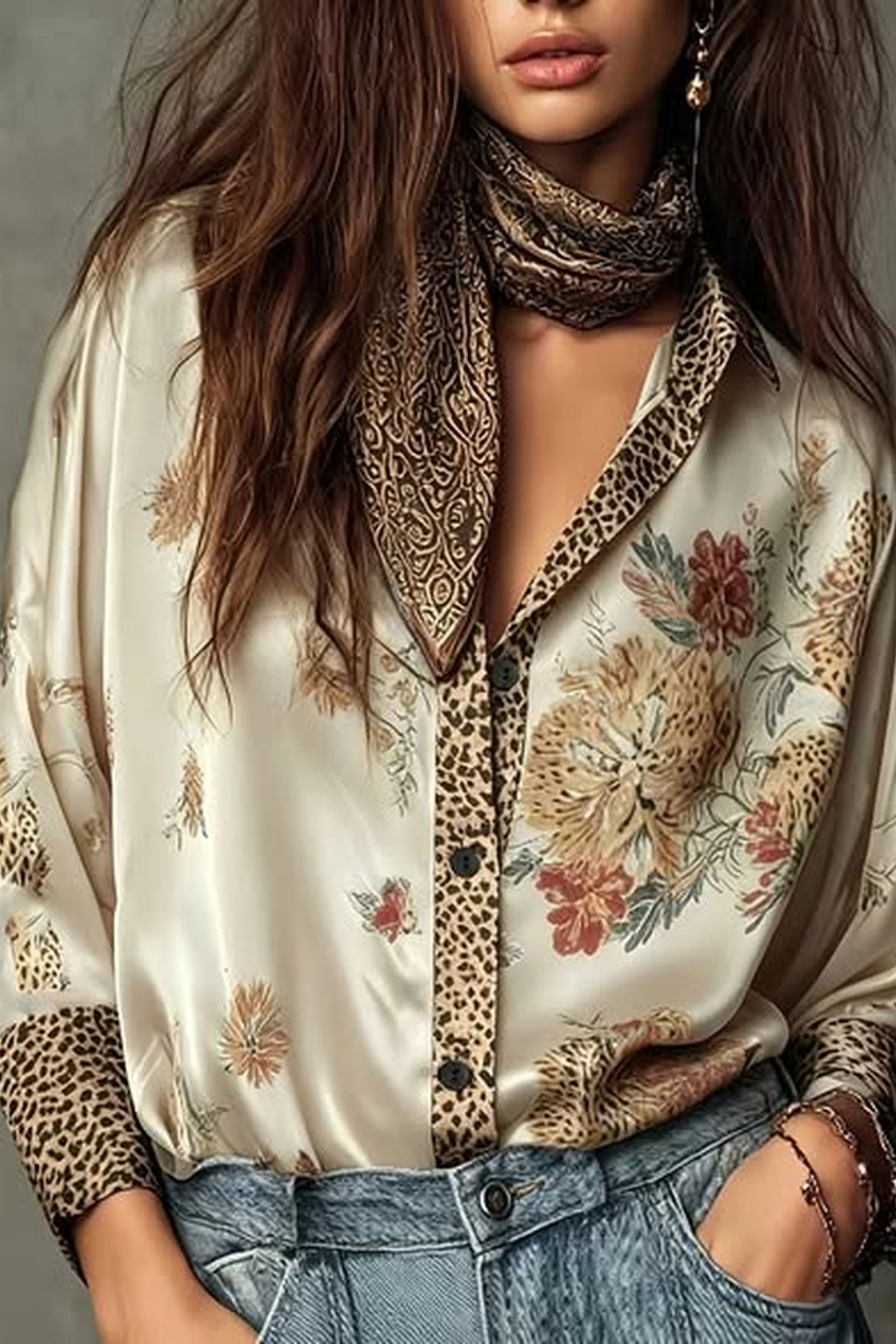 Silky Leopard Trim Blouse