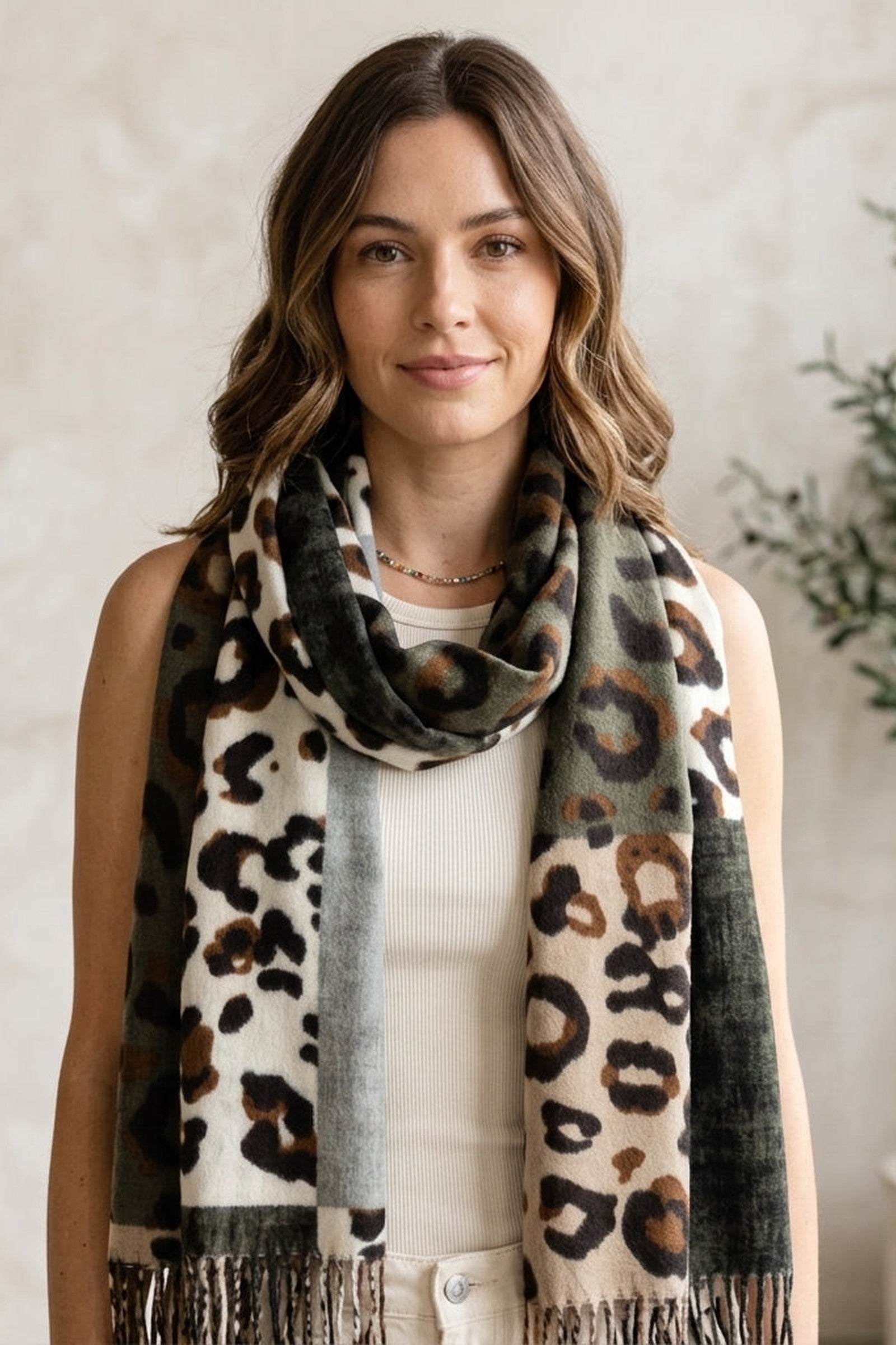 Leopard Print Fringe Scarf