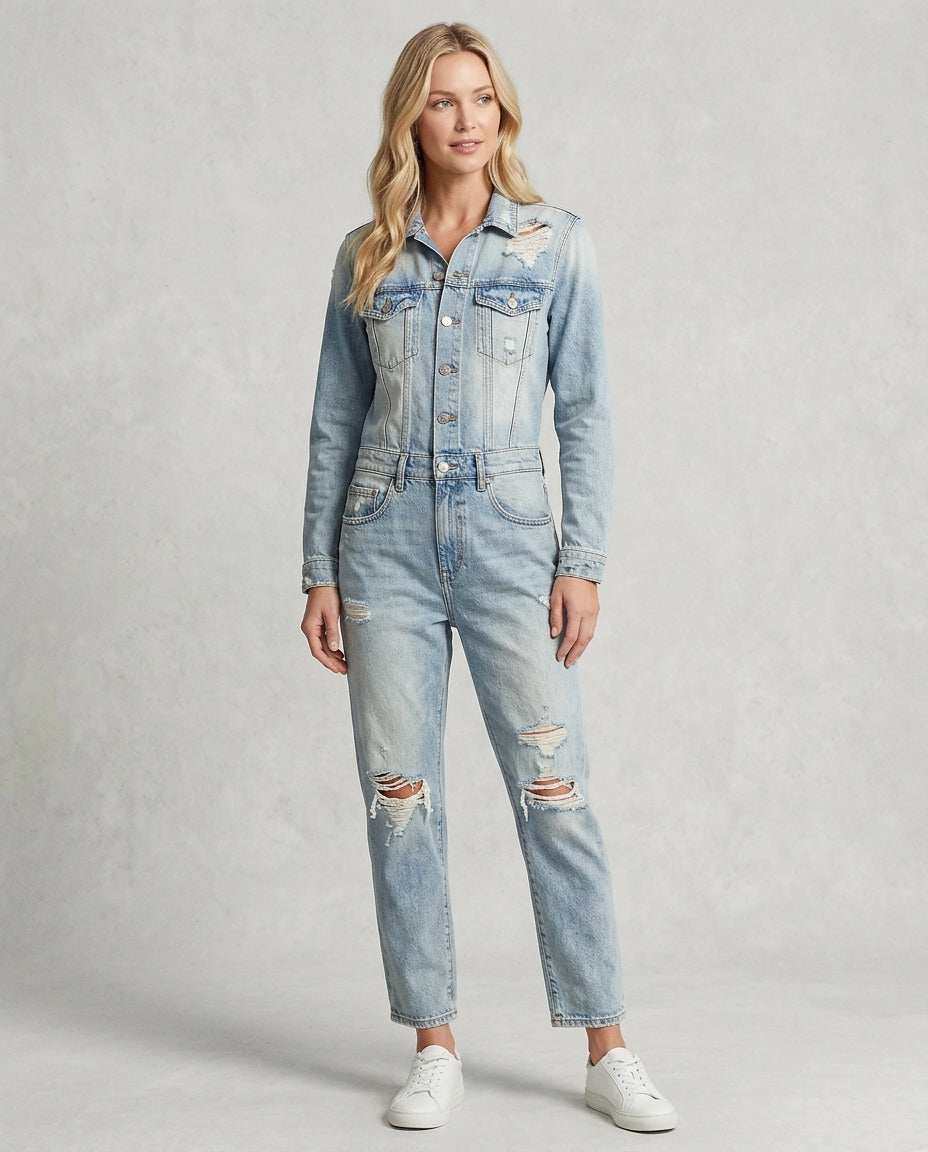 Denim Distressed Jumpsuit