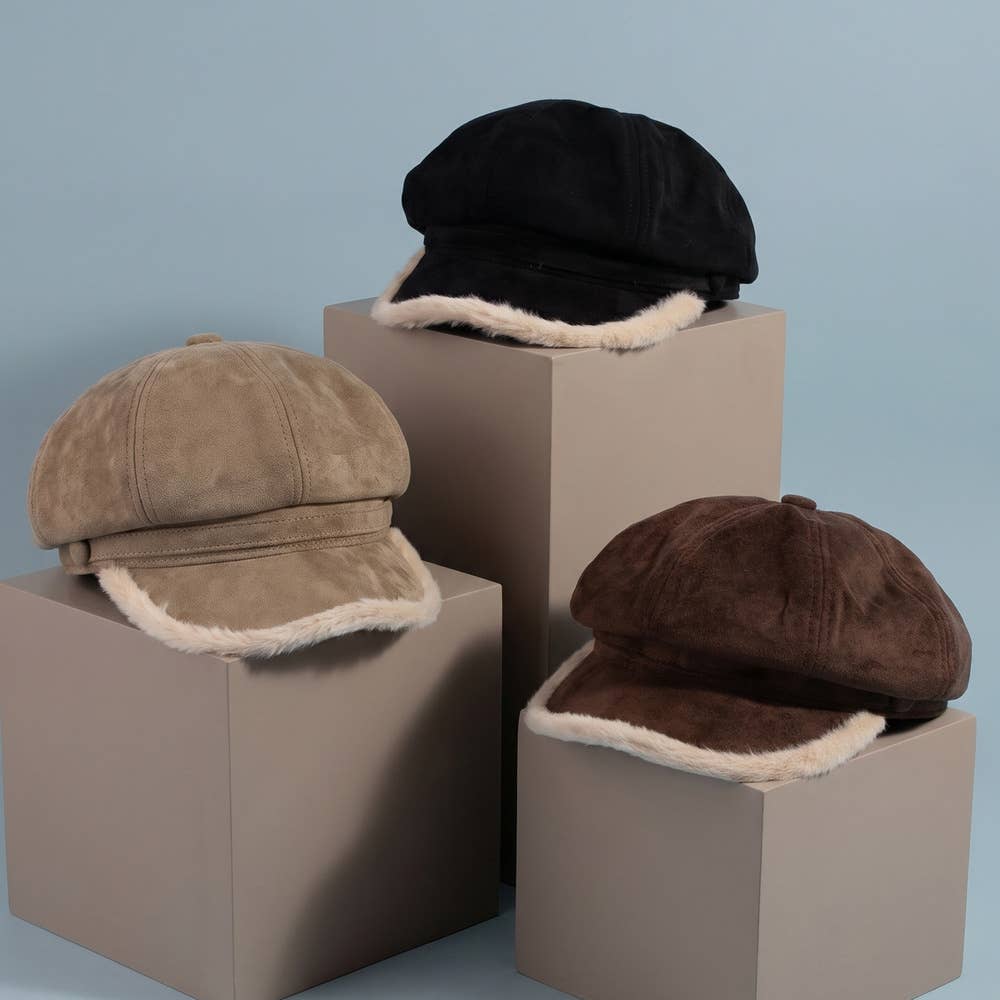 Plush Trim Vegan Suede Newsboy Hat
