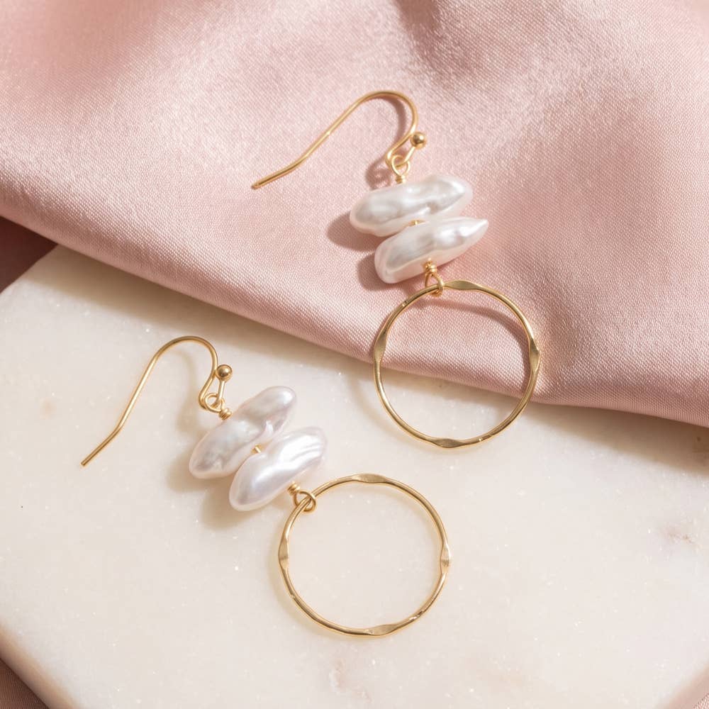 Stacked Keshi Pearl & Hammered Ring Earrings