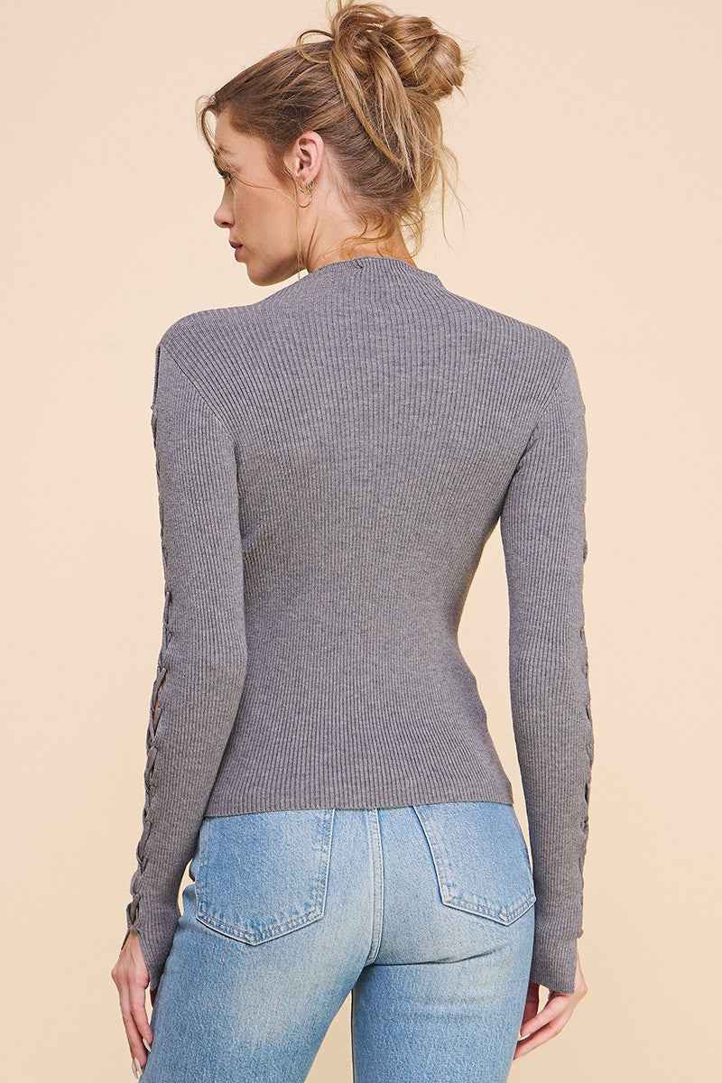 Lace Up Fitted Mock Sweater