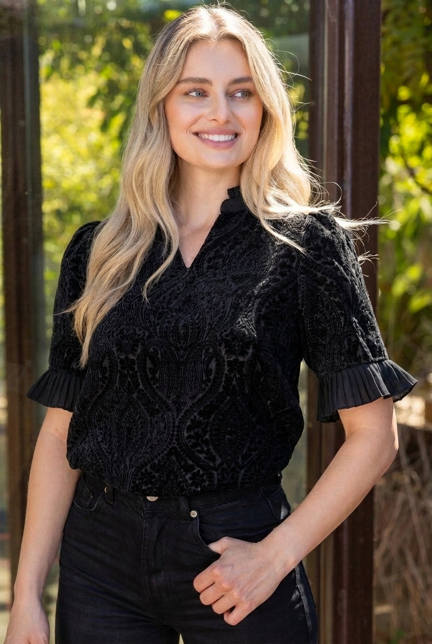 Velvet Ruffle Burnout Blouse