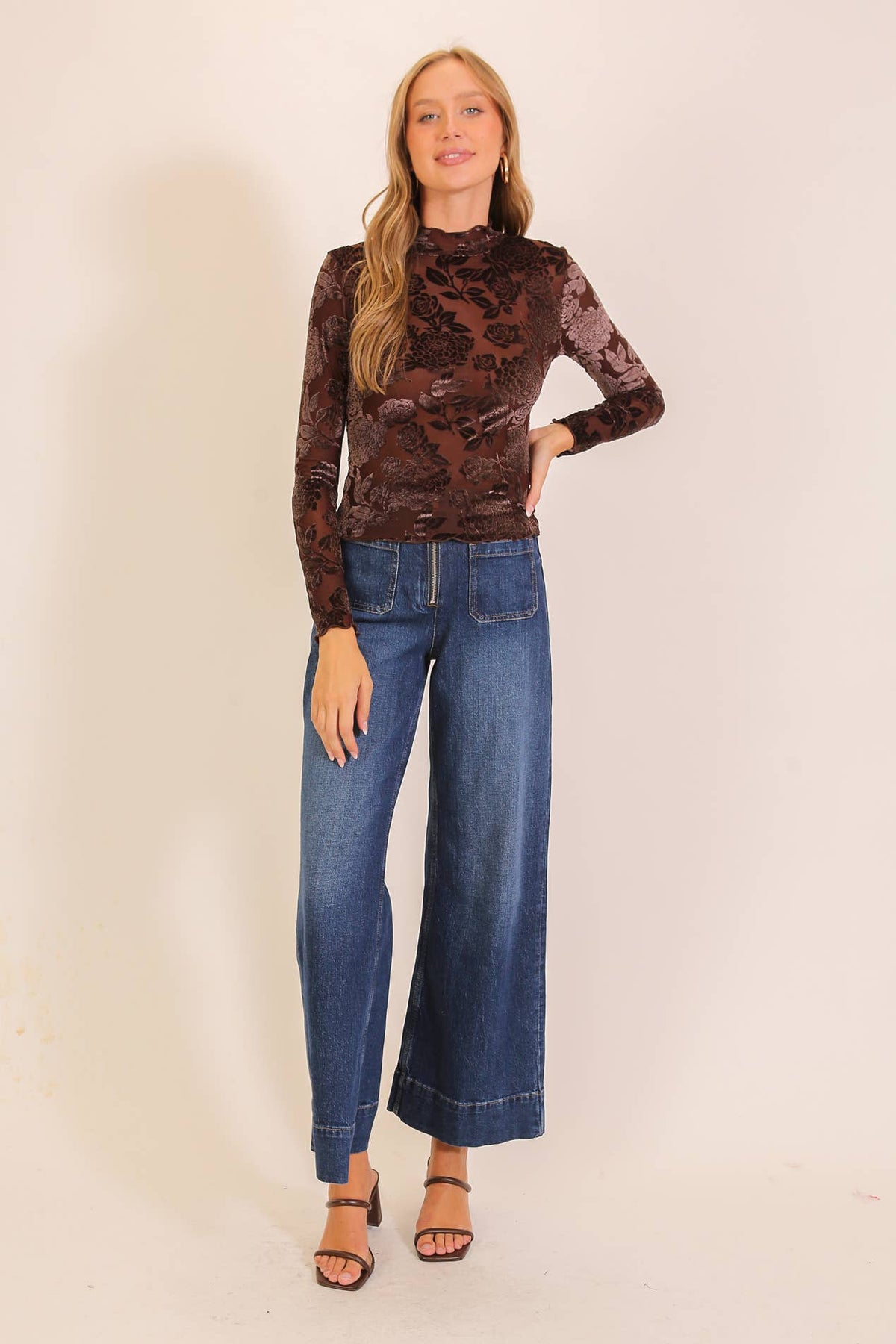 Floral Mesh Mock Neck Top