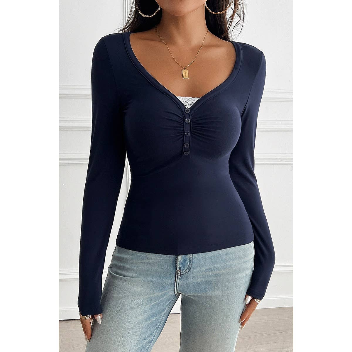 Solid Fit Long Button Trim Top