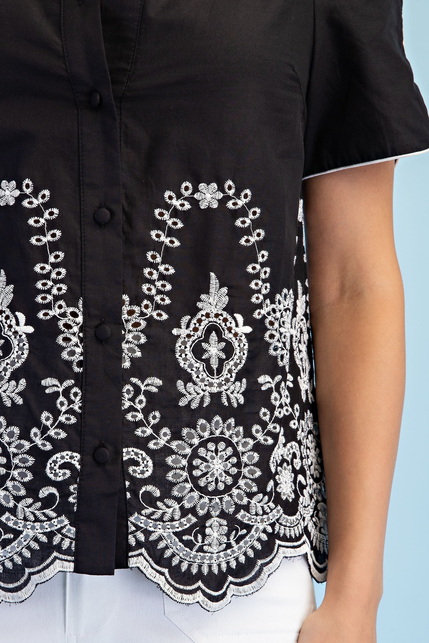 Embroidered Scallop Hem Blouse