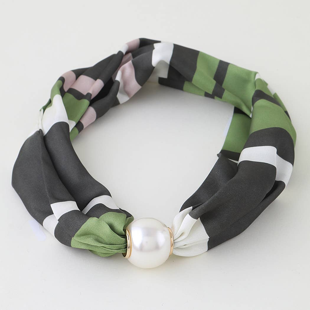 Olive Striped Scarf Pearl Slider Necklace