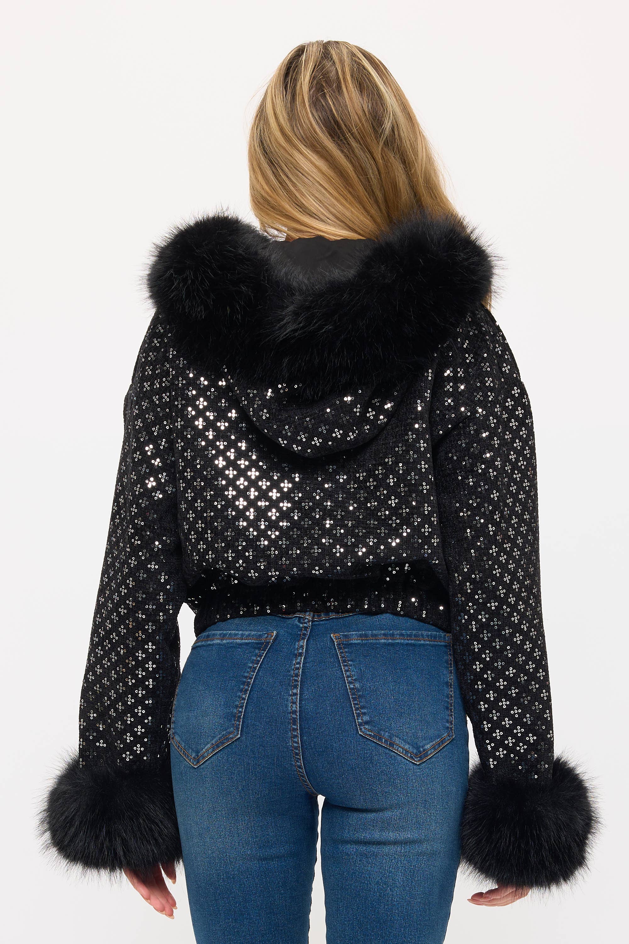 The Starlight Sequin Bomber with Faux Fur Collar