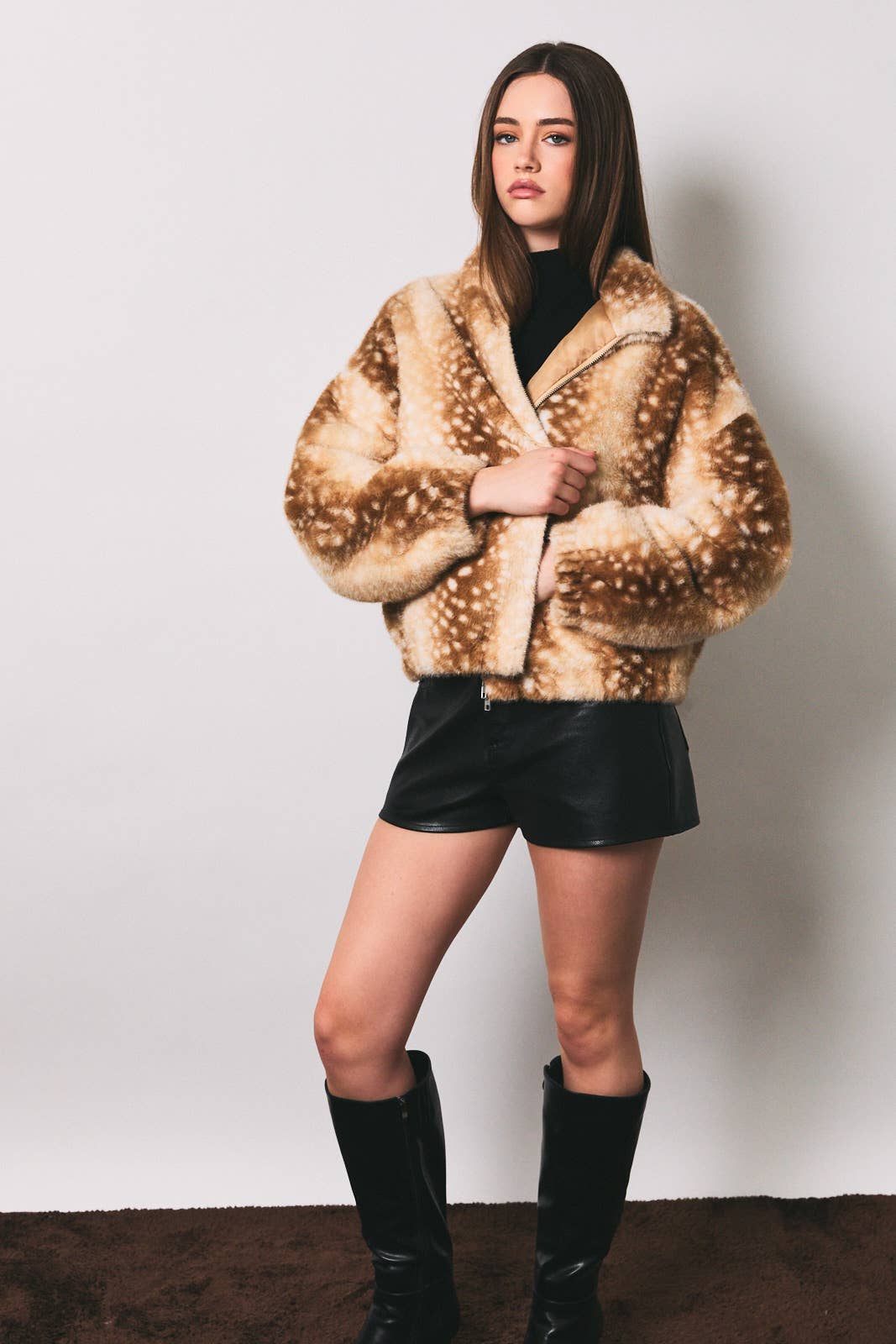 Faux Fur Deer Print Zip Jacket