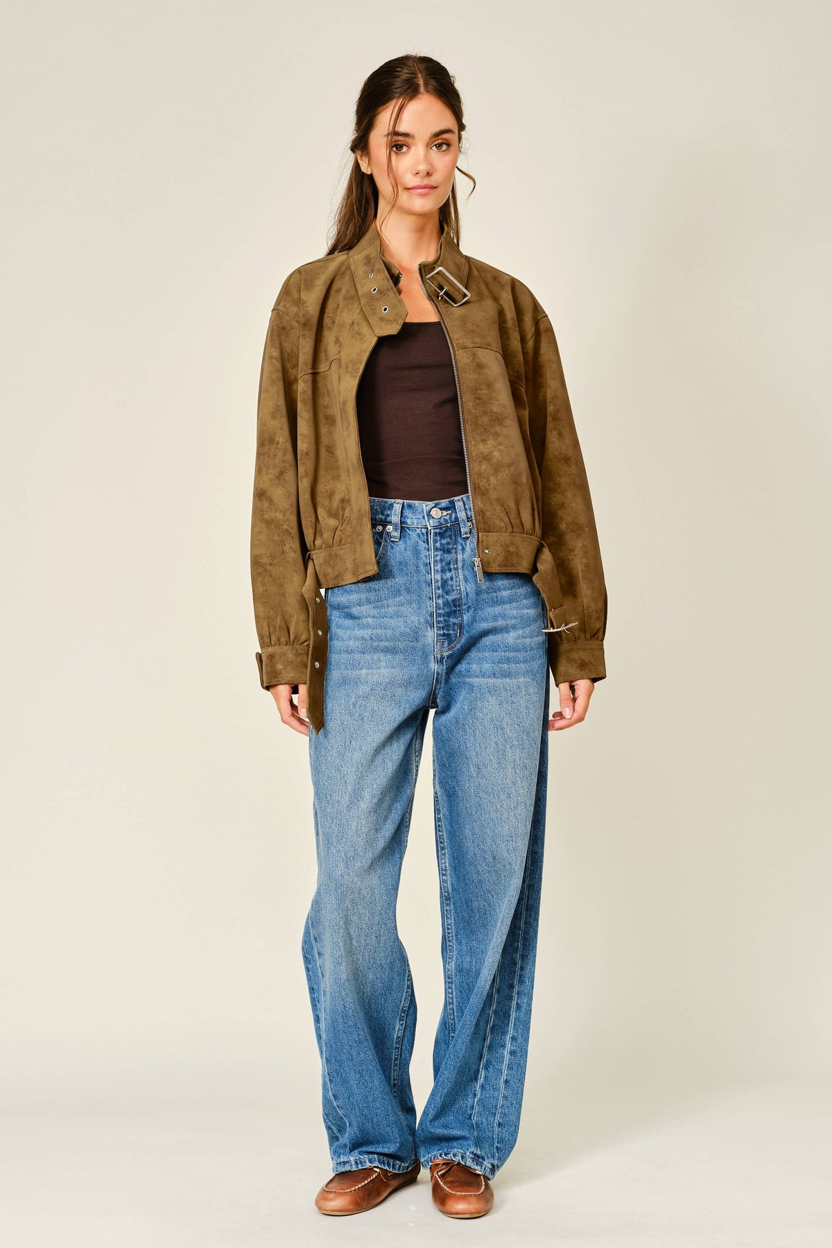Vintage Vegan Leather Belted Bomber Jacket