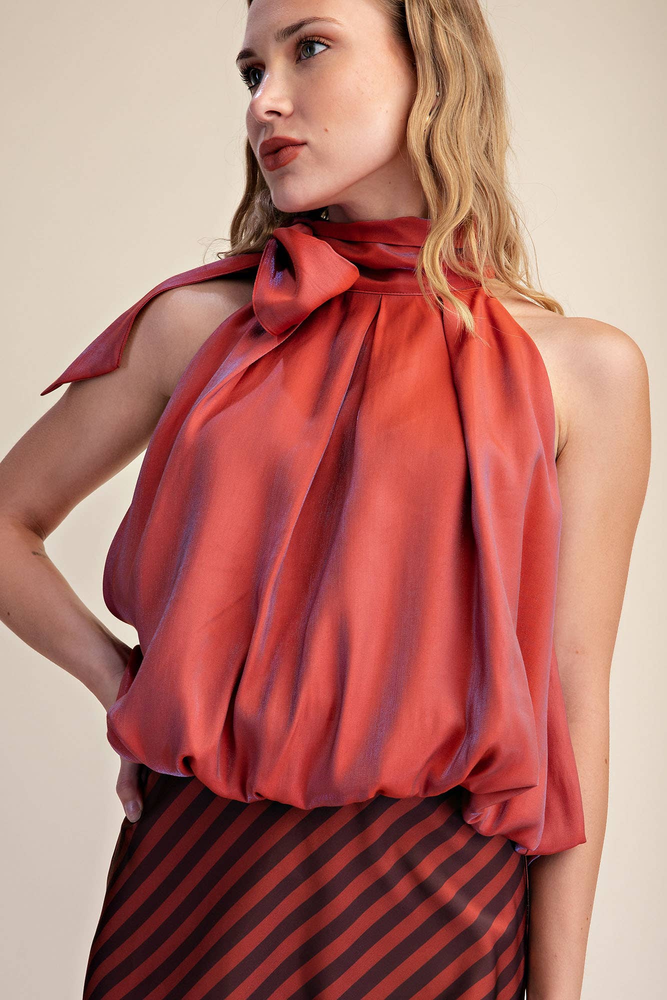 High Neck Tie Wrap Sleeveless Bubble Top