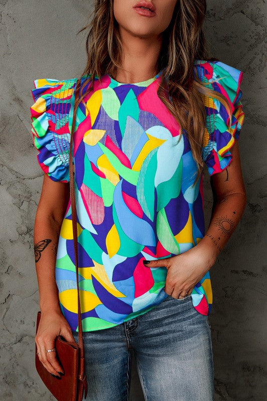 Smocked Ruffle Abstract Tee