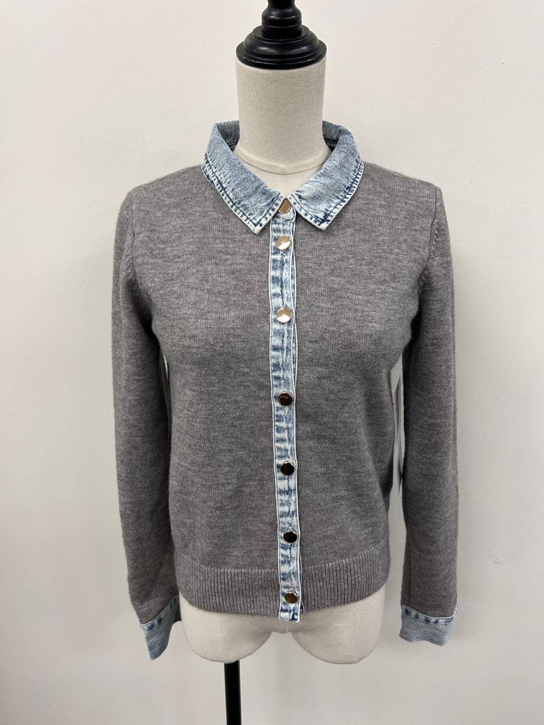 Denim Contrast Collar Cardigan