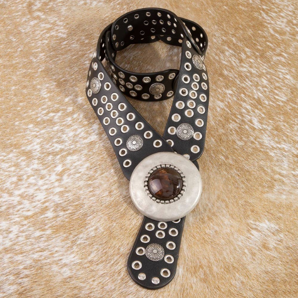 Hammered Circle Buckle Studded Belt