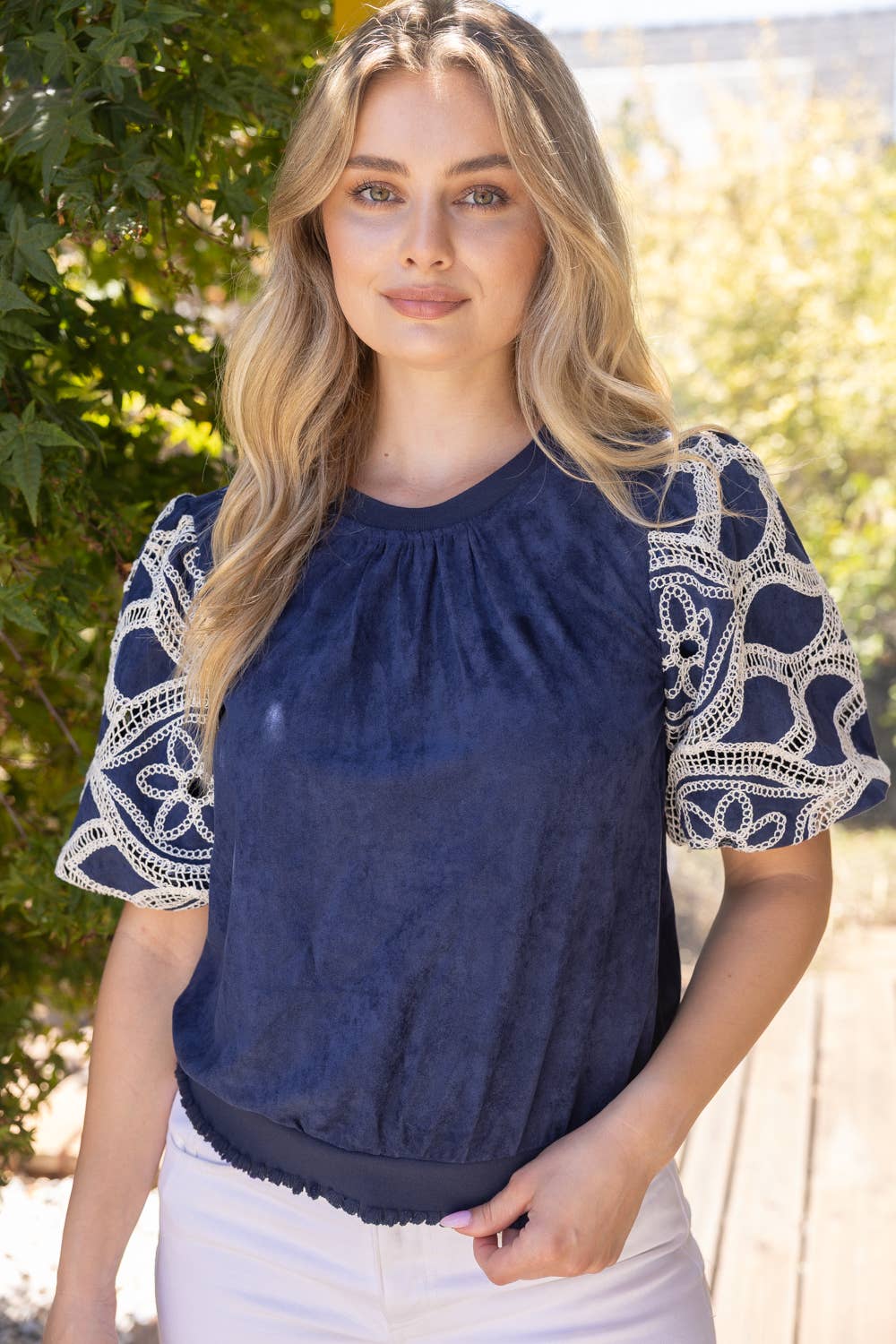 Floral Eyelet Crochet Bubble Sleeve Top