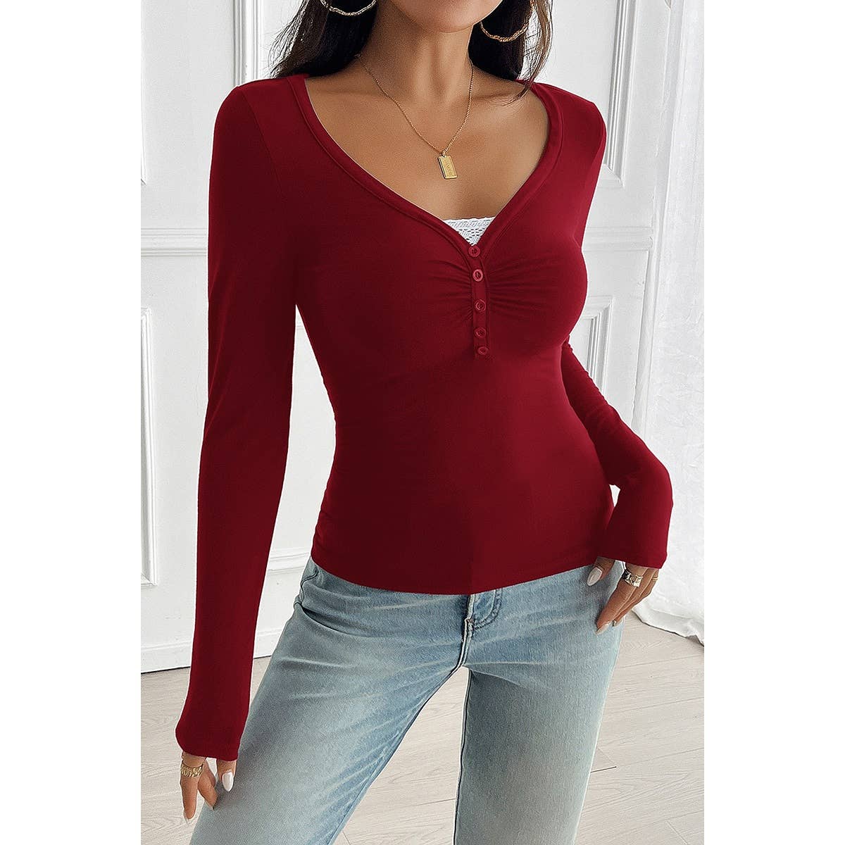 Solid Fit Long Button Trim Top
