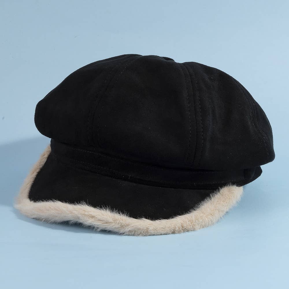 Plush Trim Vegan Suede Newsboy Hat