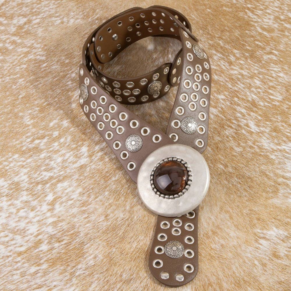 Hammered Circle Buckle Studded Belt