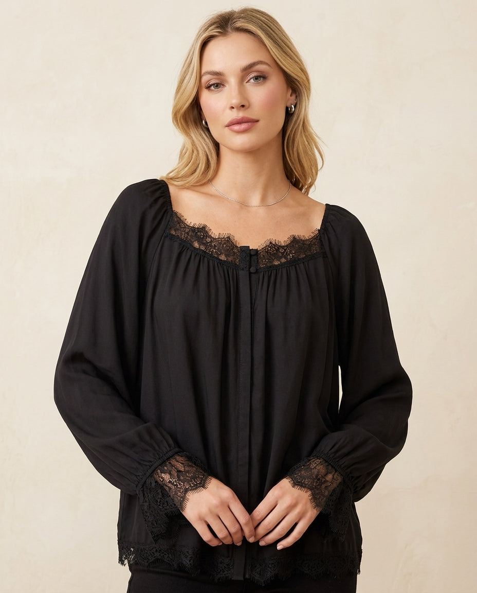 Lace Trim Black Blouse