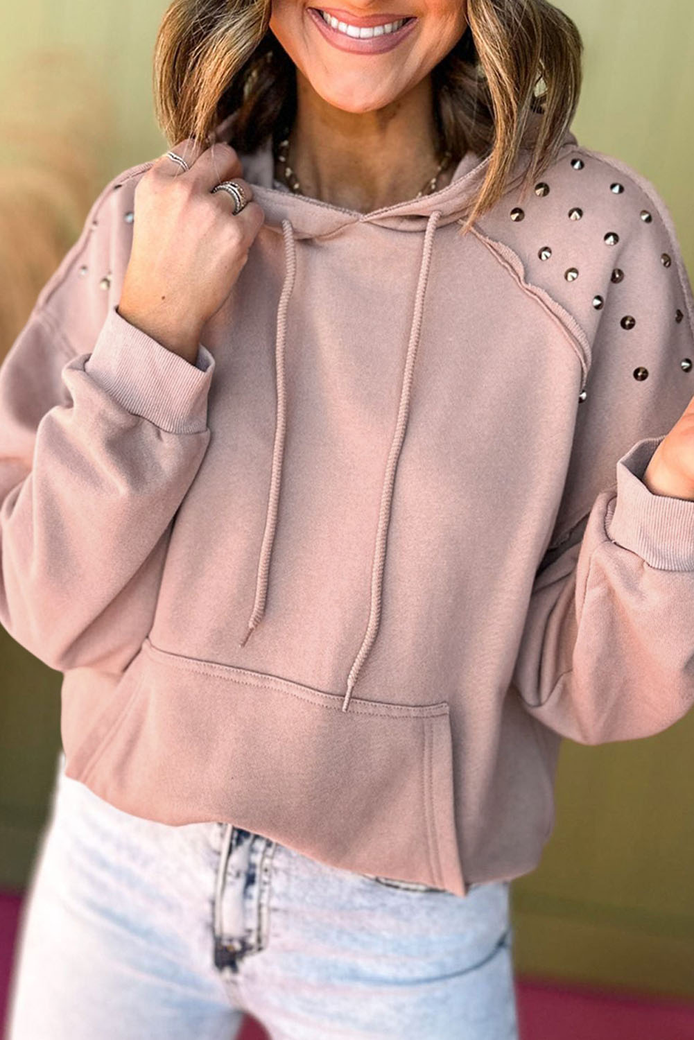 Pink Stud Shoulder Hoodie