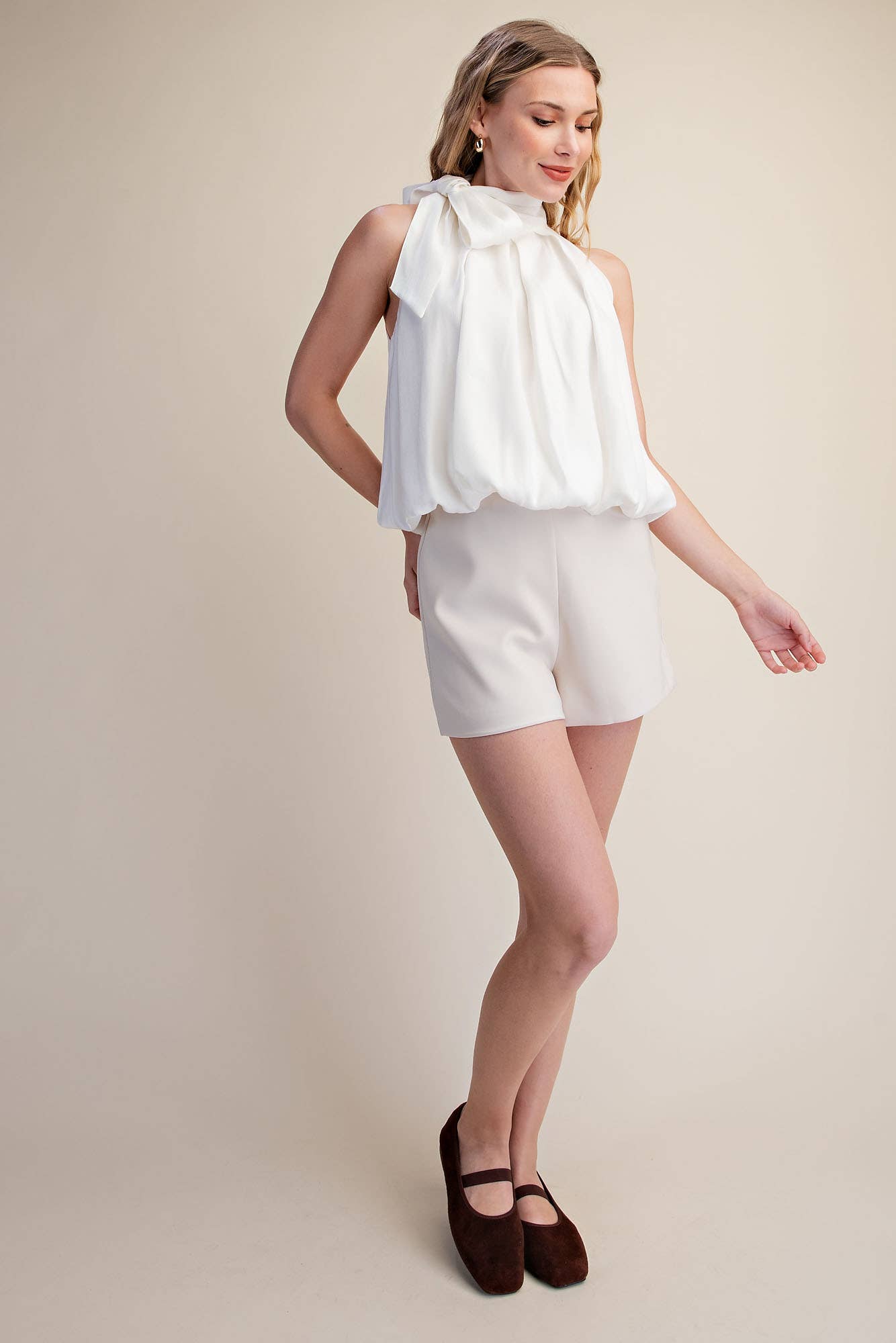 High Neck Tie Wrap Sleeveless Bubble Top