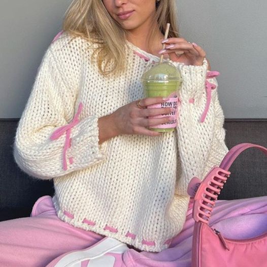 Woven Yarn Pink Bow Sweater
