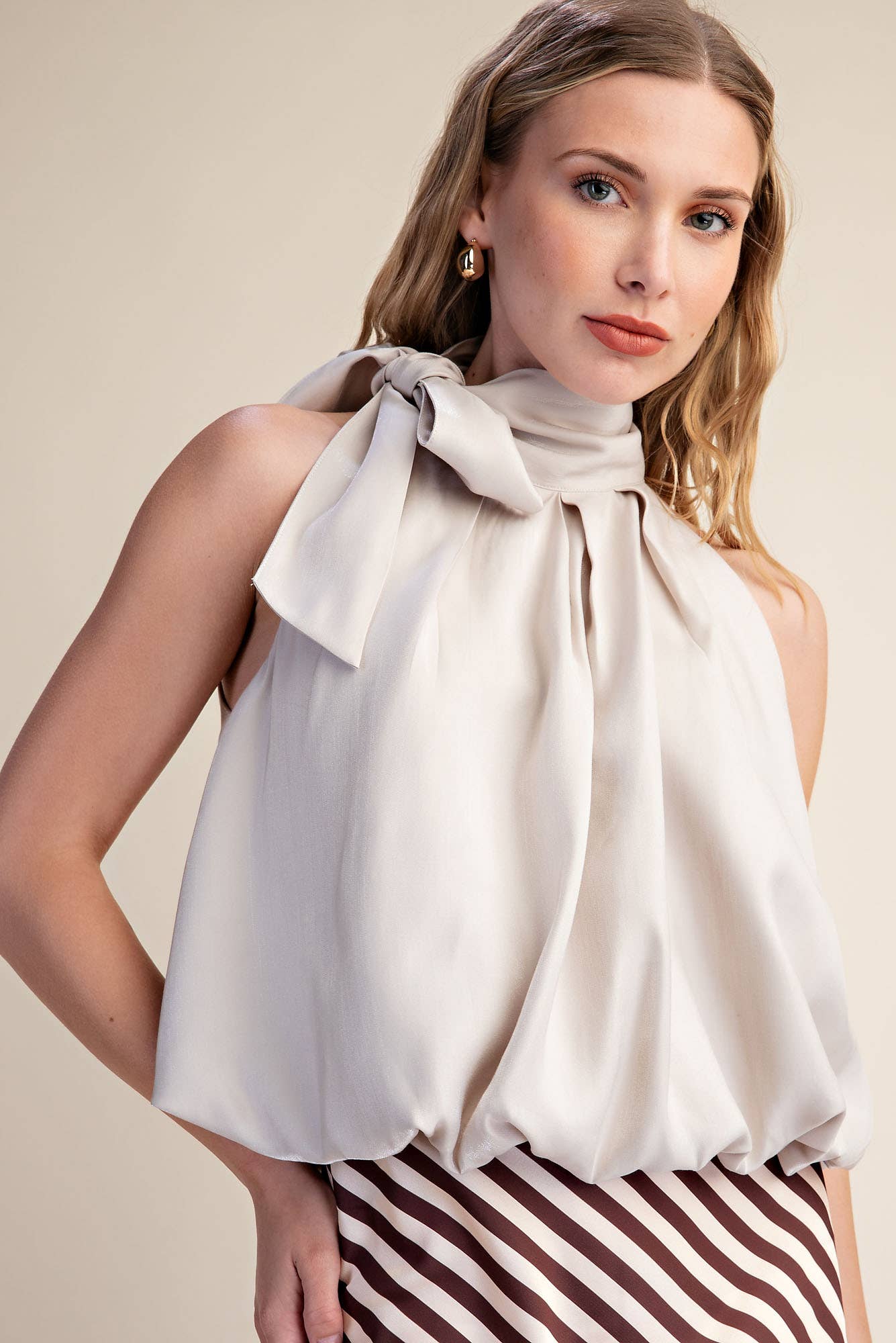 High Neck Tie Wrap Sleeveless Bubble Top
