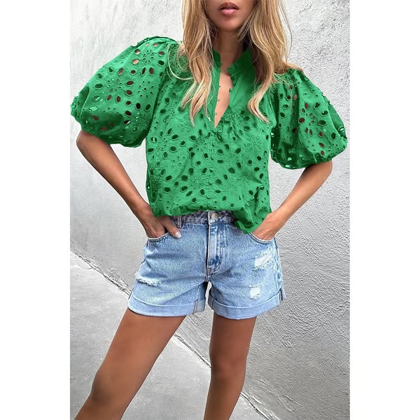 Eyelet Balloon Sleeve Blouse