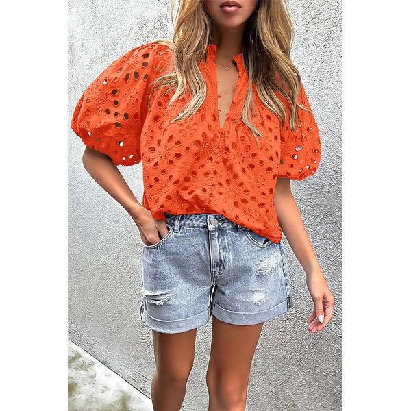 Eyelet Balloon Sleeve Blouse