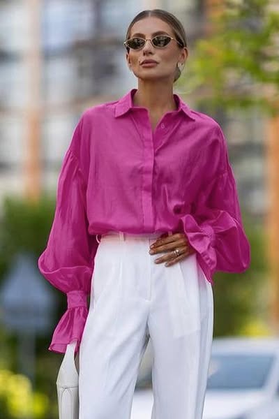 Button Ruffle Cuff Blouse