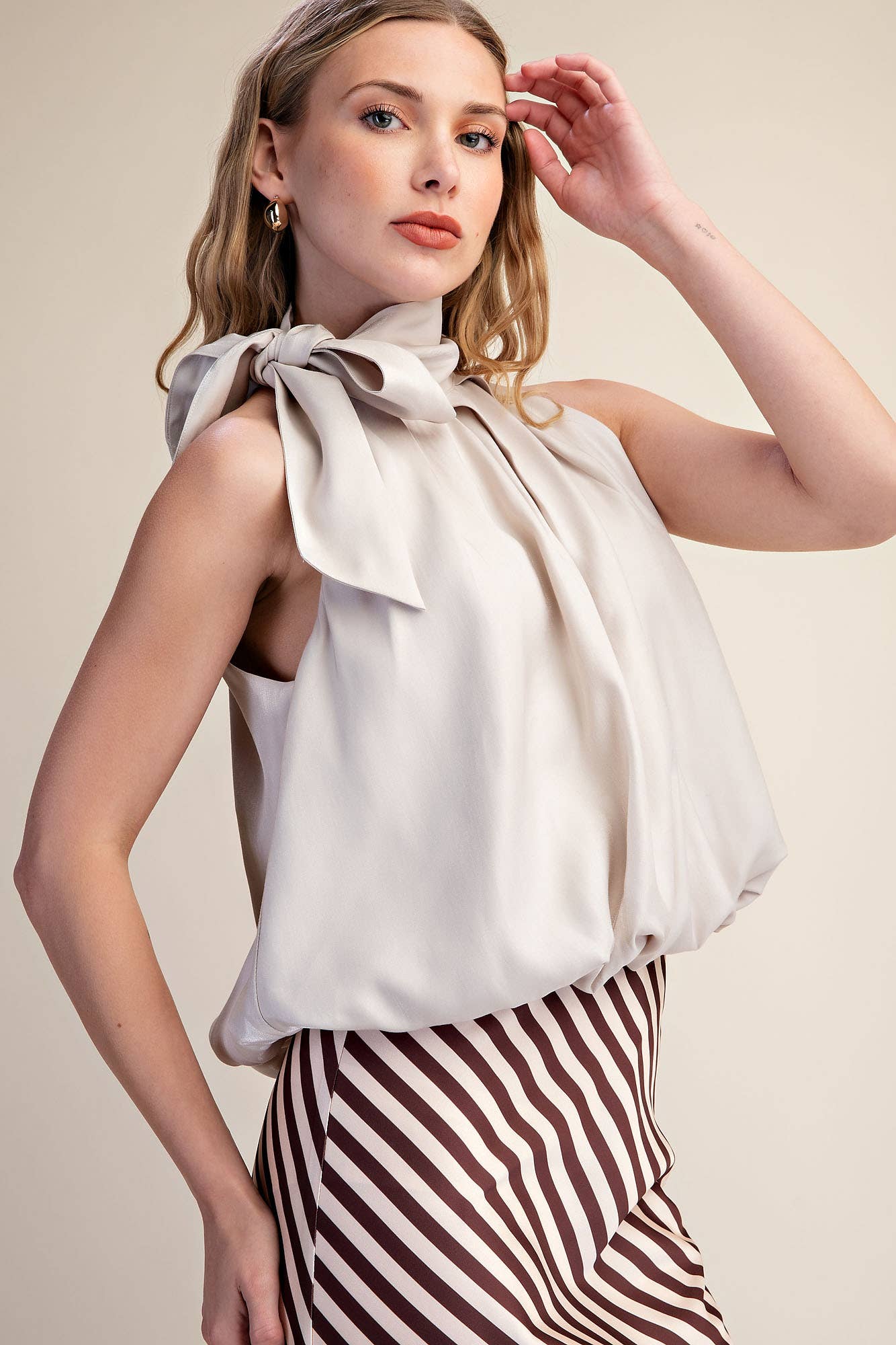 High Neck Tie Wrap Sleeveless Bubble Top
