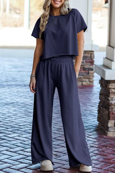 Navy Raw Hem Loose Tee Set