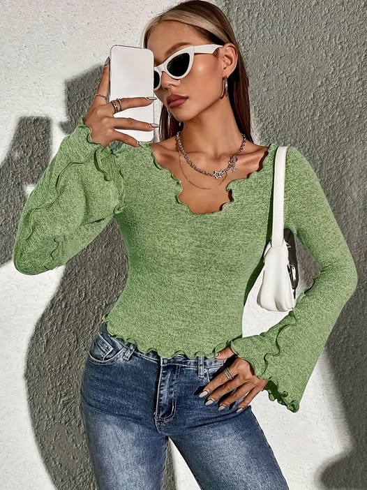 Ruffle Accent V Neck