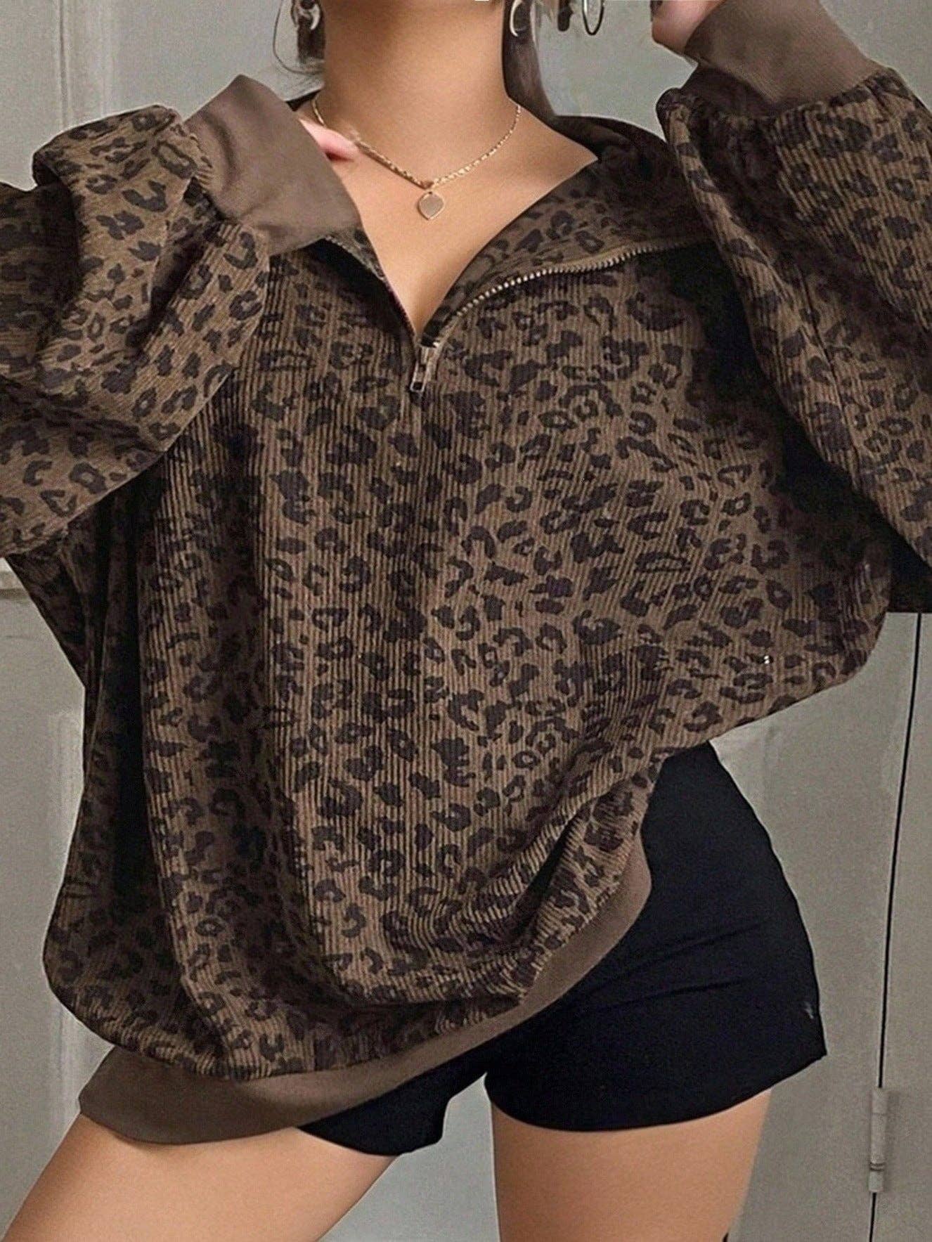 Leopard Corduroy Sweatshirt Streetwear Oversized Half Zip