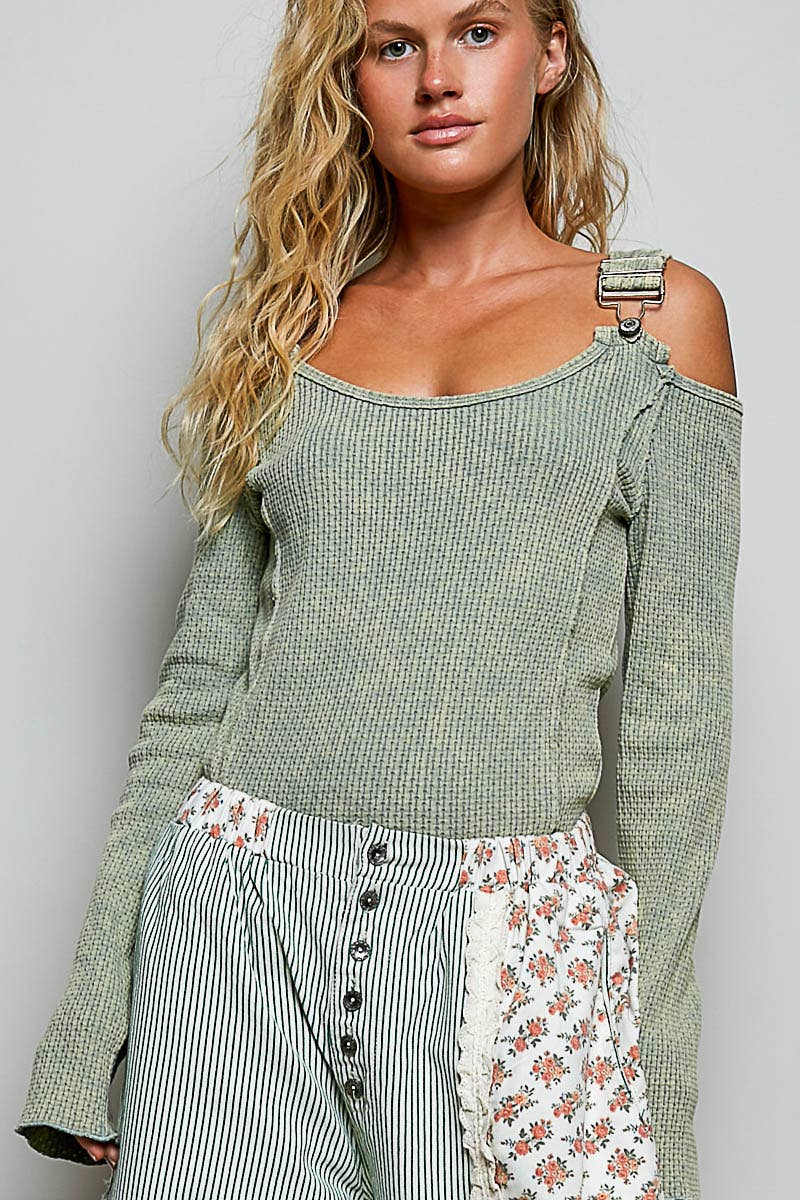Vintage Washing Solid Buckle Open Shoulder Knit Thermal Top
