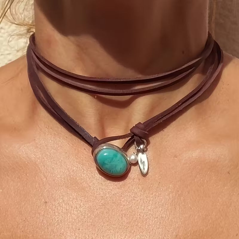 Wrap Vegan Leather Faux Turquoise Necklace