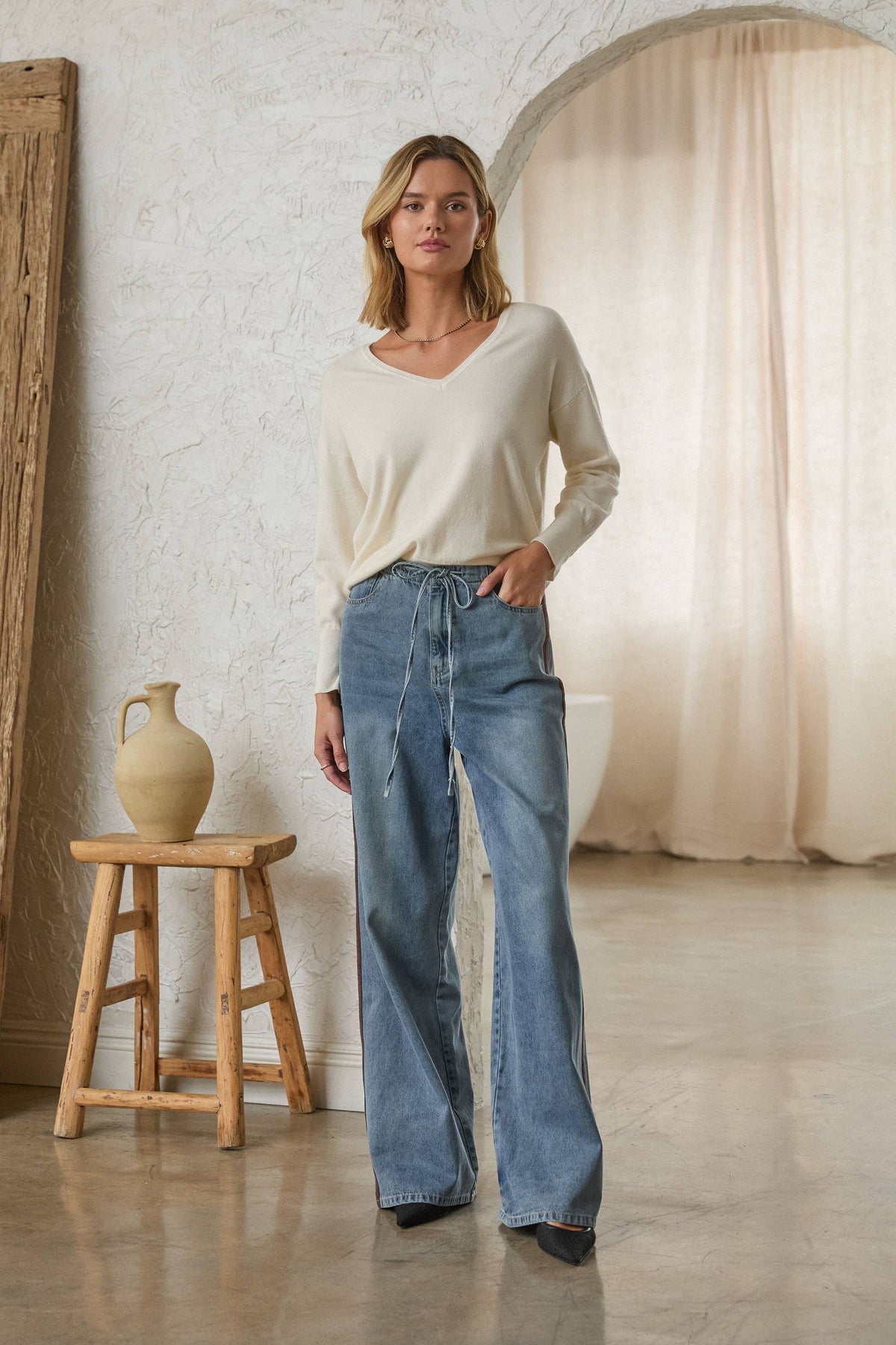 Washed Denim Pants with Faux Suede Side Line Detail and Wais