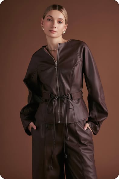 Belt Detail Faux Leather Jacket