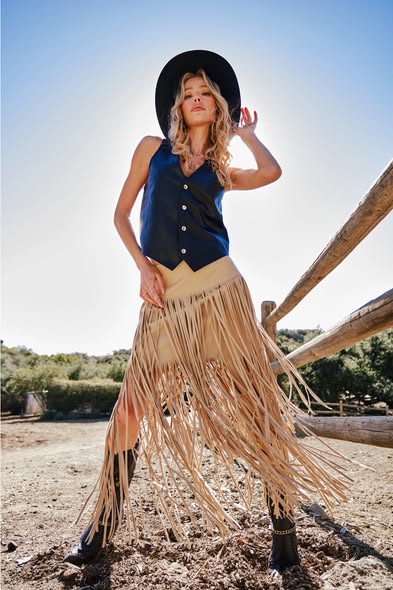 Faux Leather Fringe Maxi Skirt
