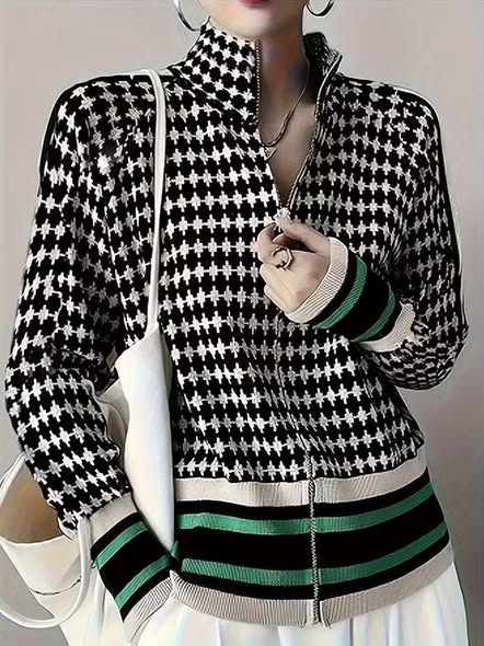 Pattern Zip Turtleneck