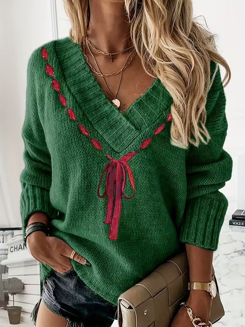 Ribbon Woven V Neck Sweater