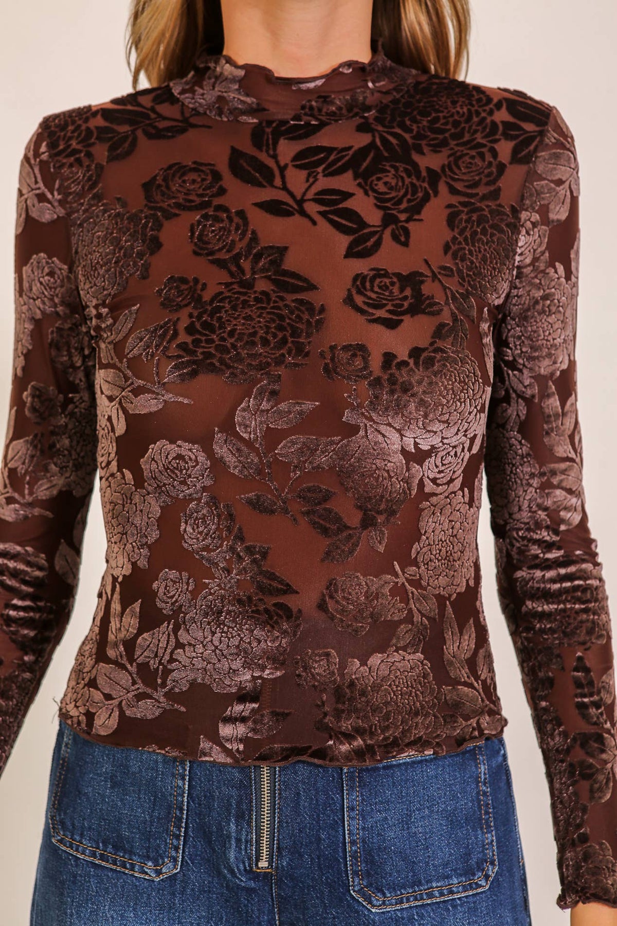 Floral Mesh Mock Neck Top