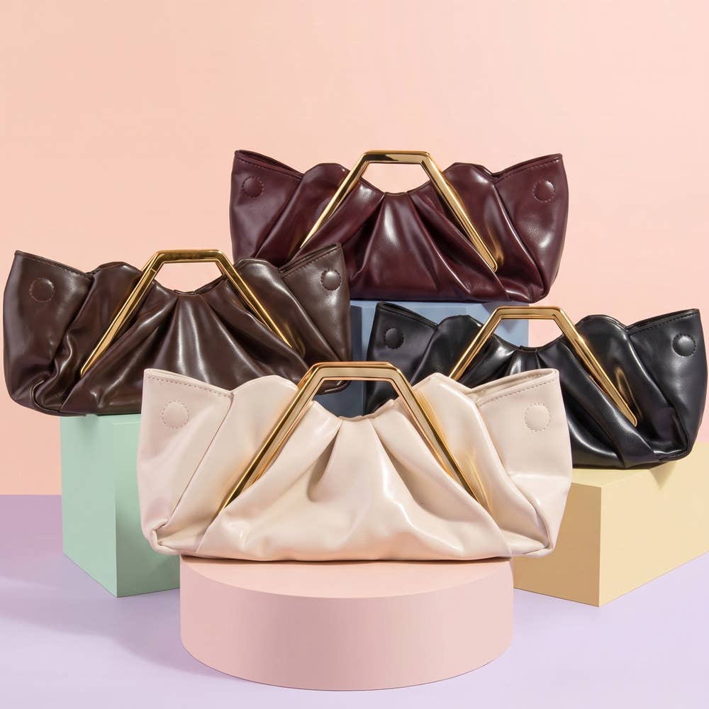 Ruched Vegan Leather Frame Clutch Bag