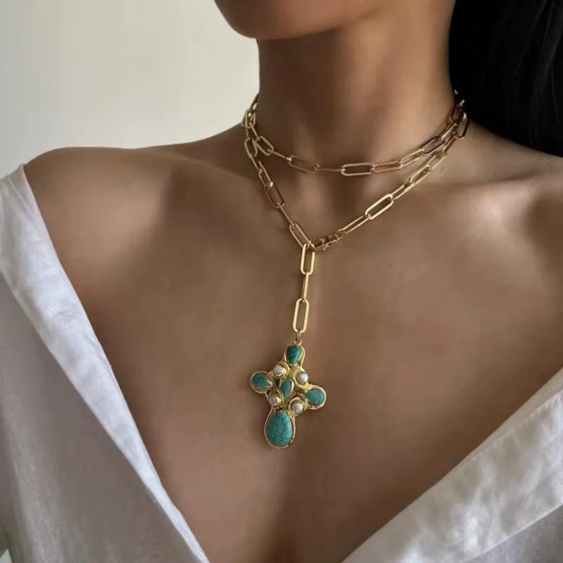 Pearl and Turquoise Paperclip Chain