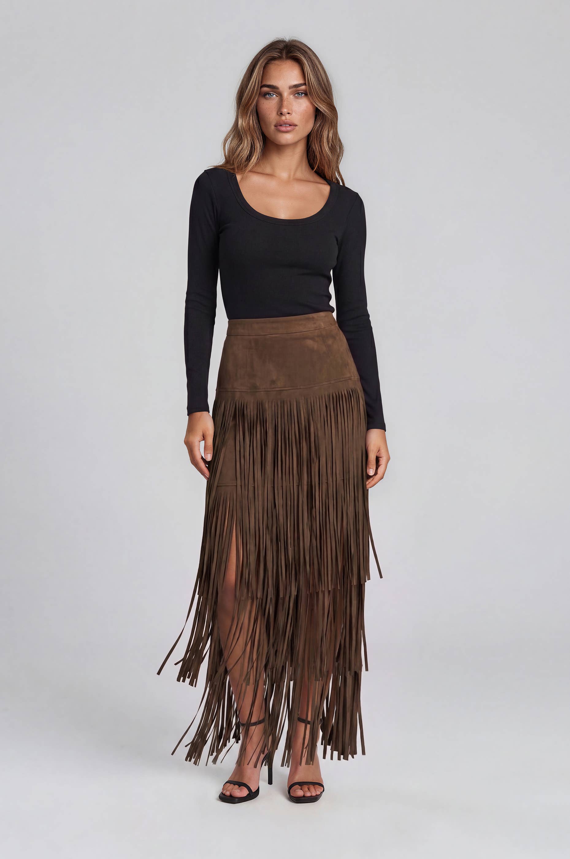 Faux Suede Fringe Midi Skirt